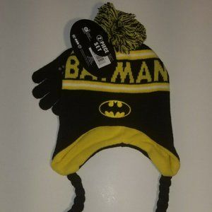 Batman Boys Knit Hat & Gloves Set Youth Black Yellow Size 4-7 NWT